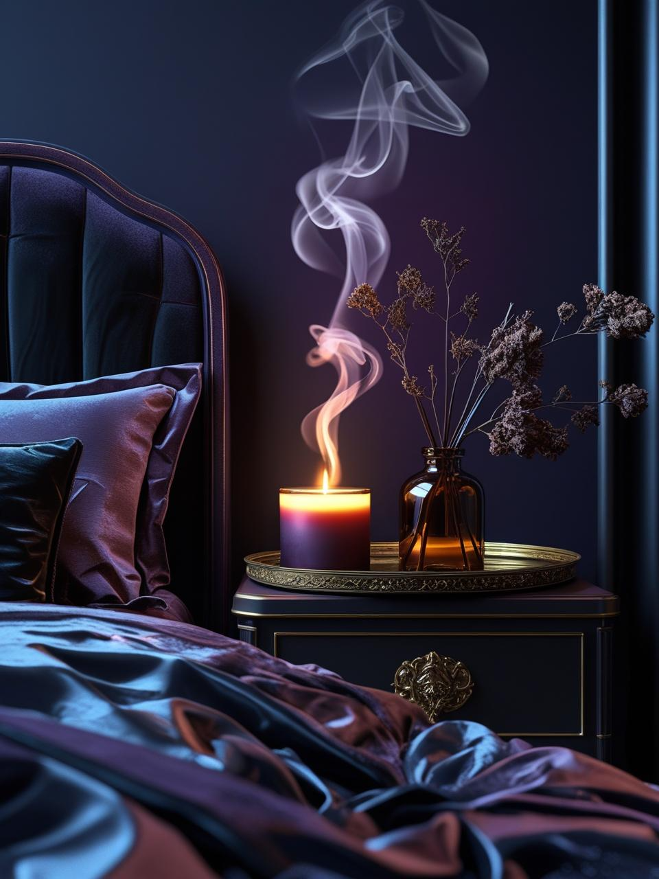 A dark feminine bedroom featuring a glowing candle and amber diffuser, creating a scent-rich, moody atmosphere filled with warmth and mystery.