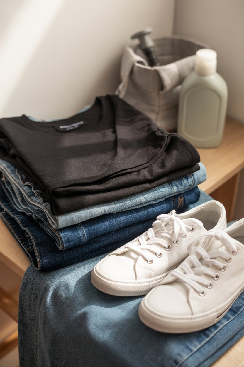 Black tee, blue jeans, and white sneakers styled with care tools, reflecting effortless chic ideas through well-kept wardrobe basics.