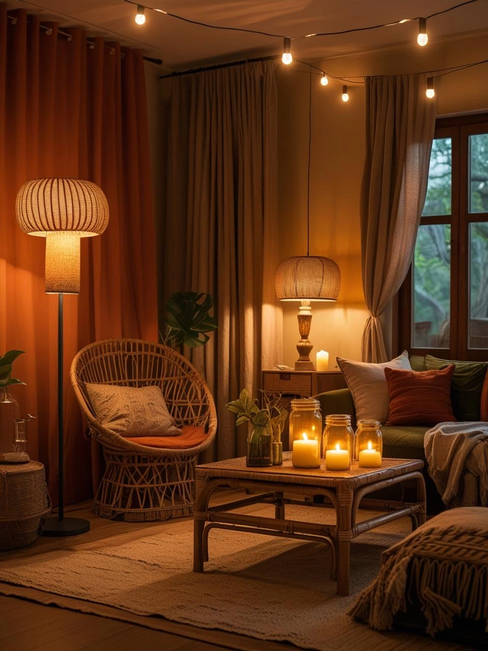 Boho living room glowing with warm, layered lighting—floor lamp, table lamp, string lights, and candles creating a cozy, cinematic mood
