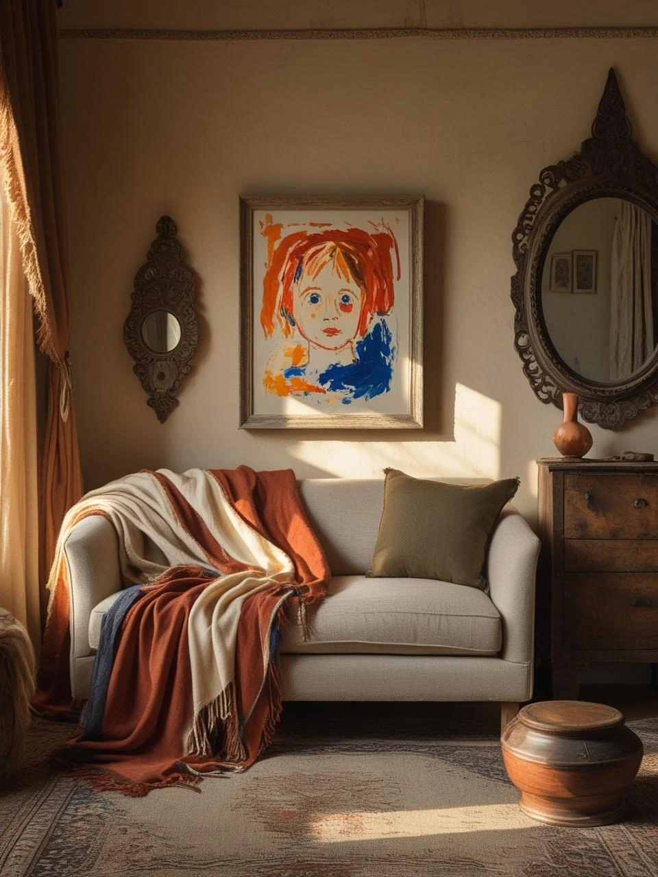 Boho living room styled with personal items—a vintage shawl, handmade art, and heirloom decor for a soulful, story-filled space.