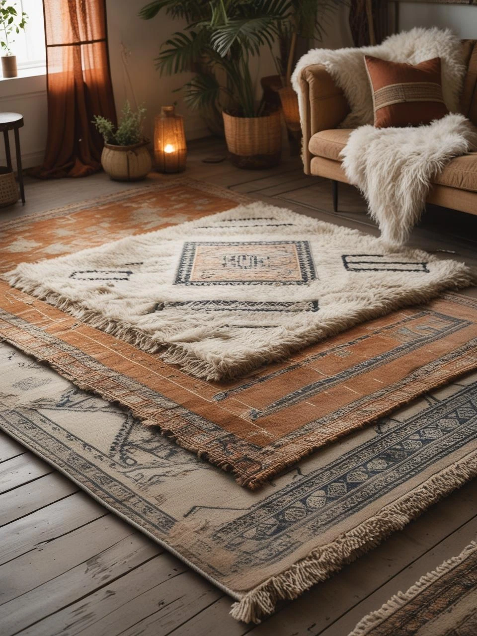 Boho living room with layered rugs—flat-weave base and soft textured top rug—creating warmth, dimension, and a cozy, lived-in style.

