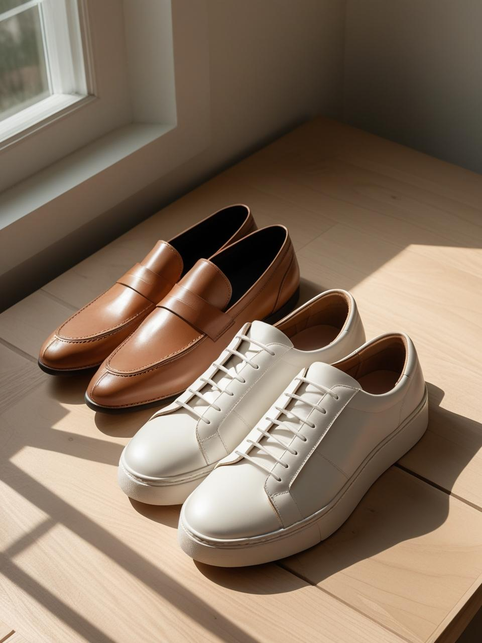 Clean neutral shoes arranged simply, showing how quiet, timeless footwear choices reflect effortless chic ideas.