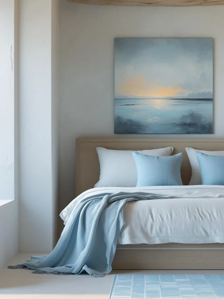 Coastal bedroom with soft blue accents in pillows, throws, and artwork, creating a gentle ocean-inspired mood without overpowering the space.

