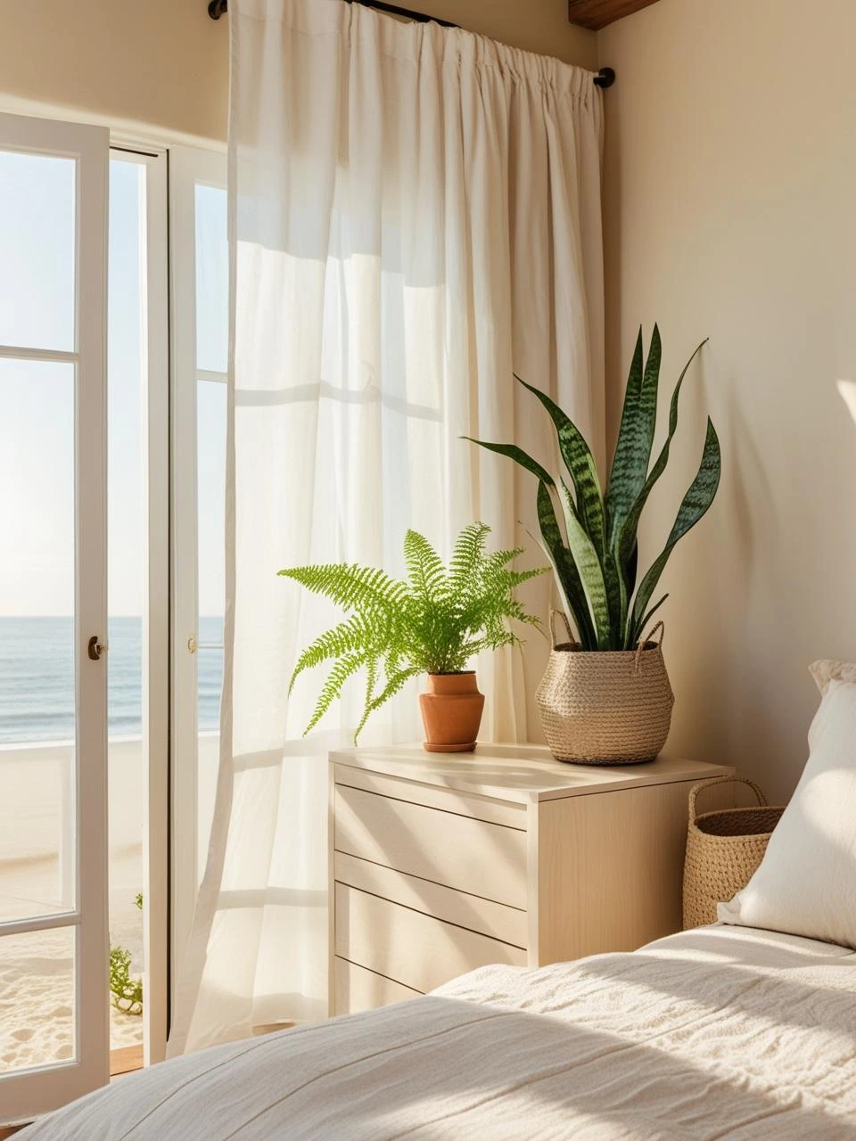 Coastal bedroom with subtle green touches, featuring a fern in a clay pot and a snake plant in a woven basket, adding natural life to the space.

