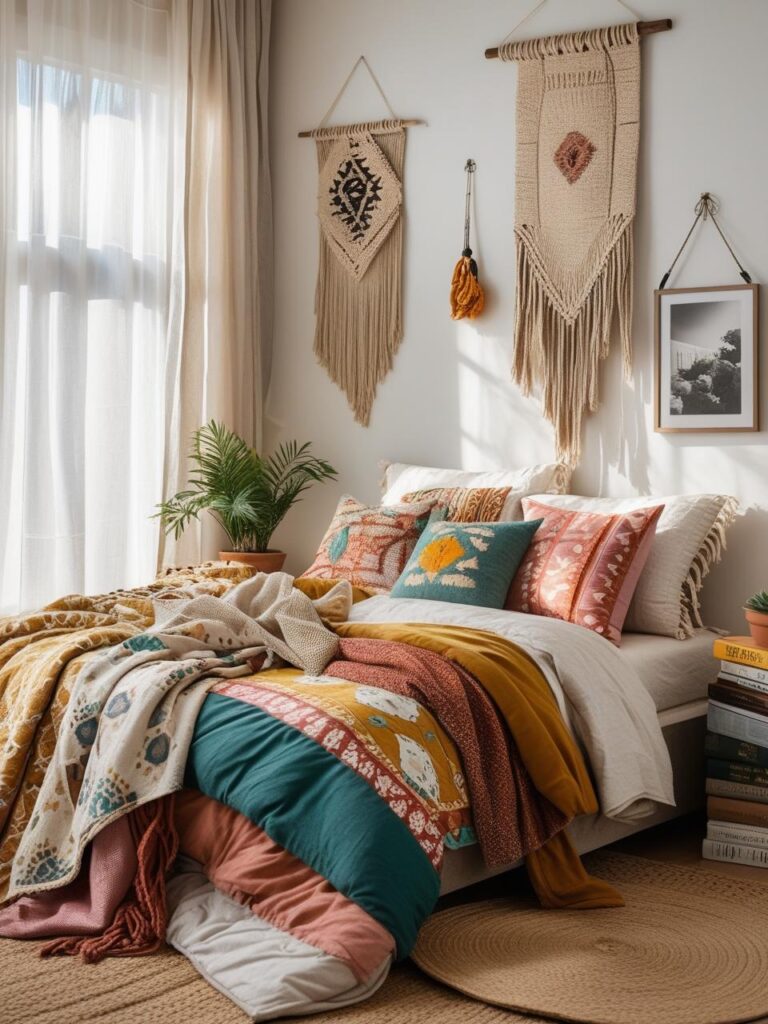 Well-organized Boho bedroom with layered textures, vintage decor, and earthy tones reflecting the true meaning of Boho Bedrooms.