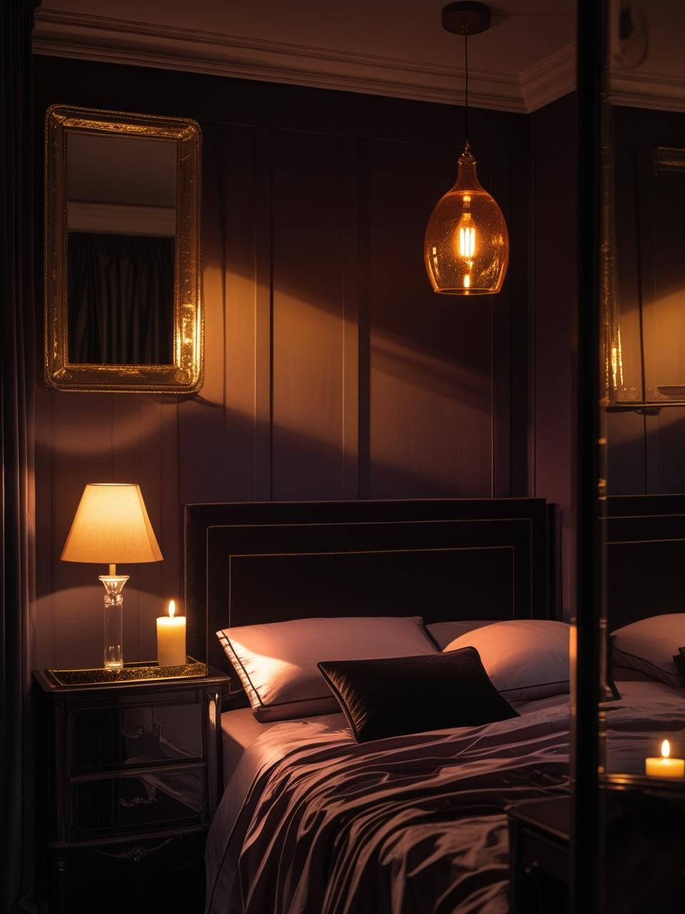 Dark feminine bedroom with layered warm lighting from lamps, candles, and a smoked-glass pendant, creating a cinematic and cozy mood.