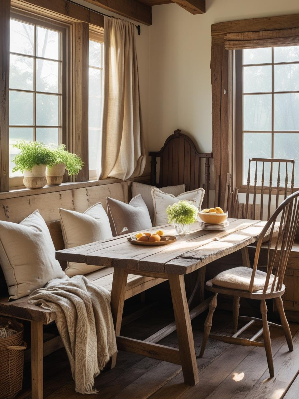 Farmhouse breakfast nook with a cushioned bench and mismatched chairs in warm sunlight, designed for comfort and slow mornings.