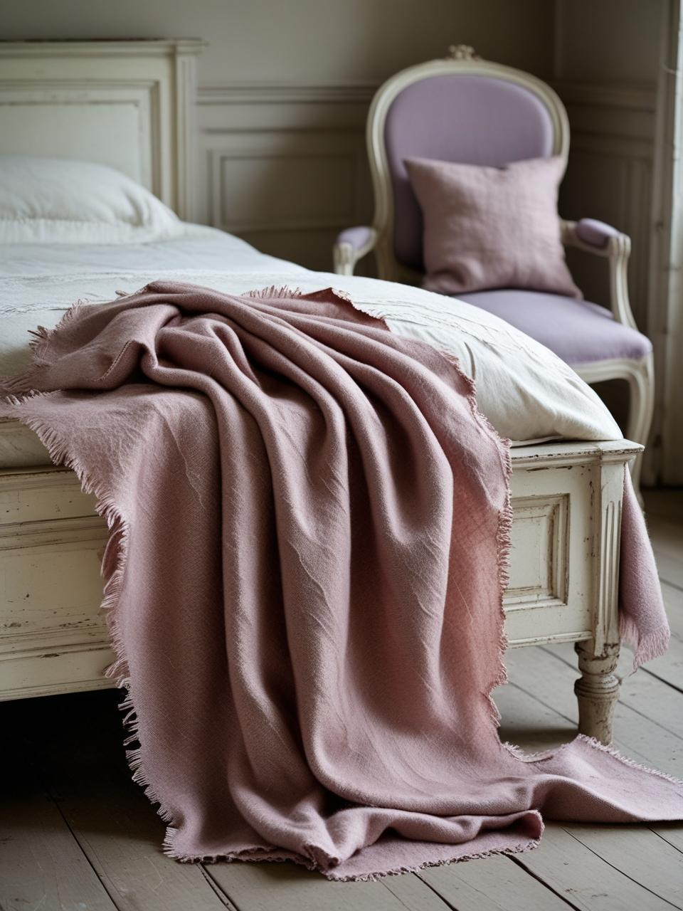 French-Girl Inspired Bedroom with a vintage wool throw draped over a bed, adding softness and a sense of lived-in warmth.