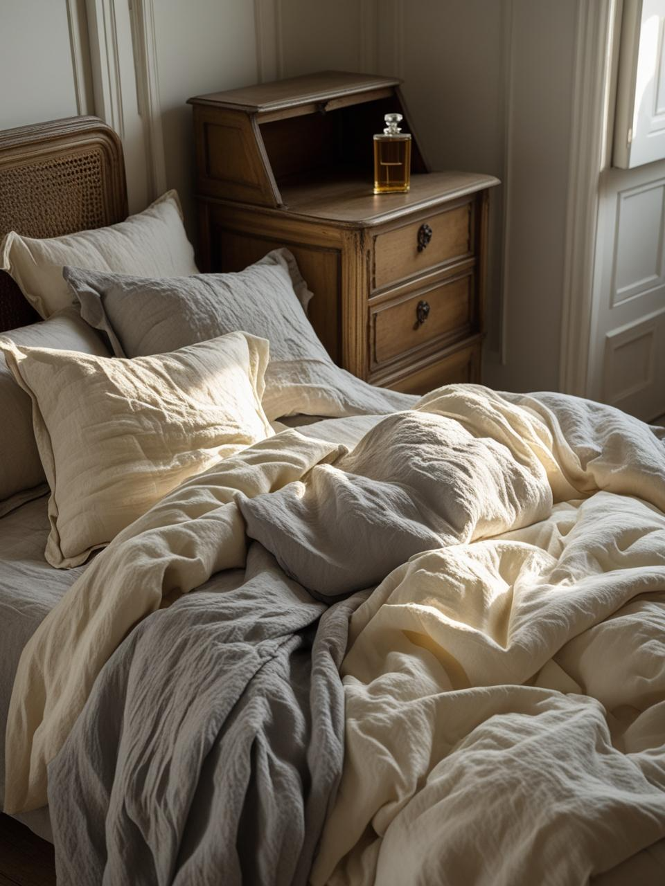 French-Girl Inspired Bedroom with wrinkled bedding, open drawer, and personal items that celebrate a natural, lived-in feel.