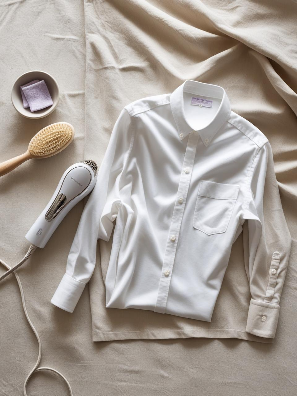 Freshly pressed white button-up and clean white t-shirt styled with fabric care tools, showcasing effortless chic ideas through garment care.