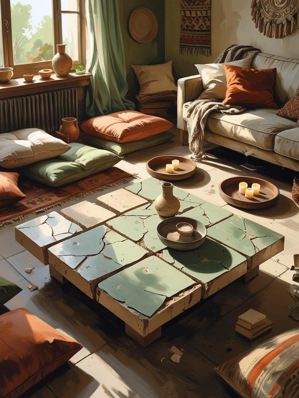 Imperfect but cozy Boho living room with a handmade cracked-tile coffee table, lived-in furniture, and mismatched decor full of charm.

