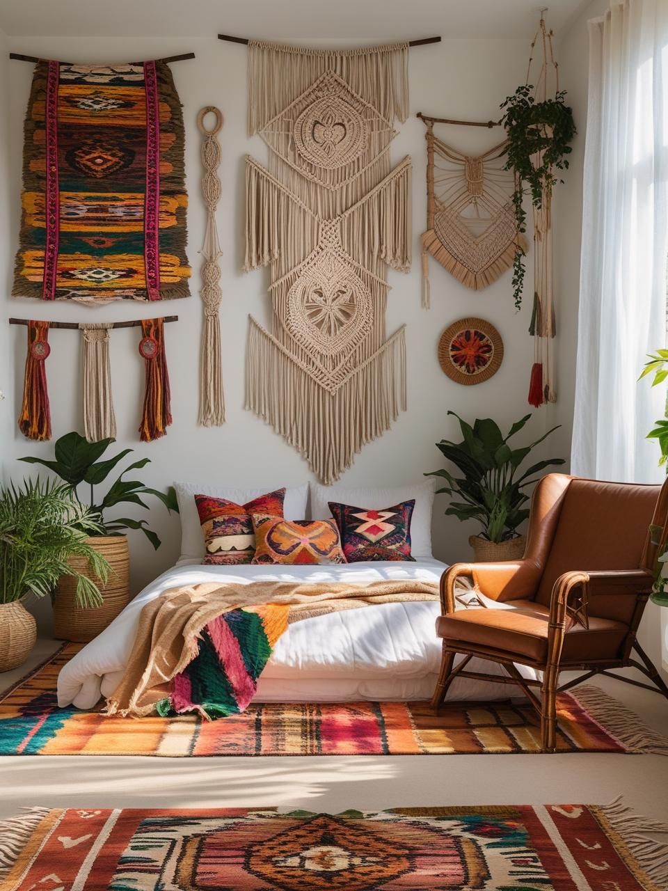 Layered Boho bedroom featuring rugs, pillows, macrame, and textiles arranged with balance and warmth.

