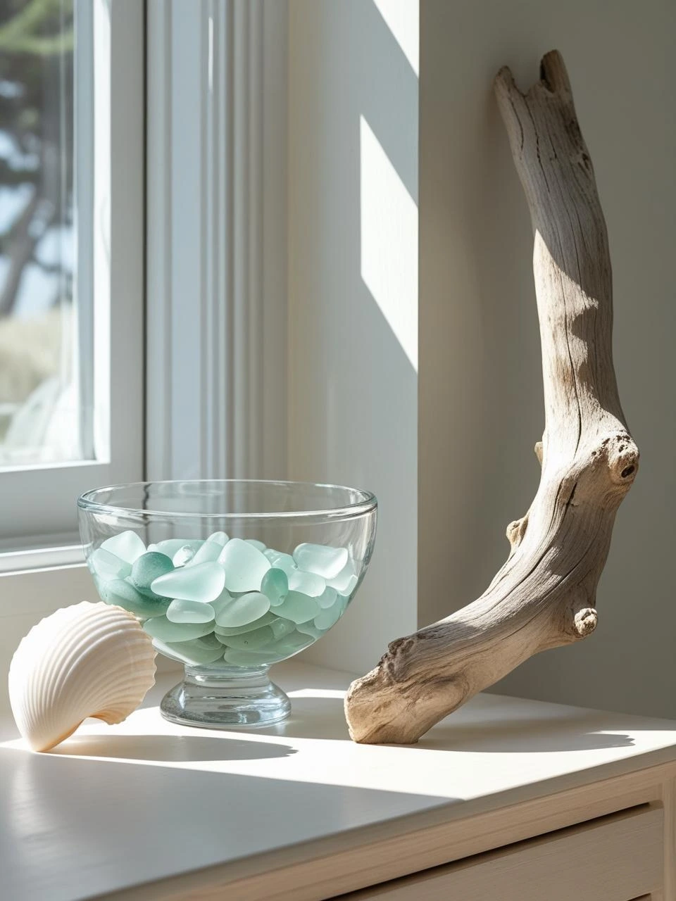 Minimal coastal bedroom with natural ocean touches like a shell, sea glass bowl, and driftwood, placed softly in light-filled areas.

