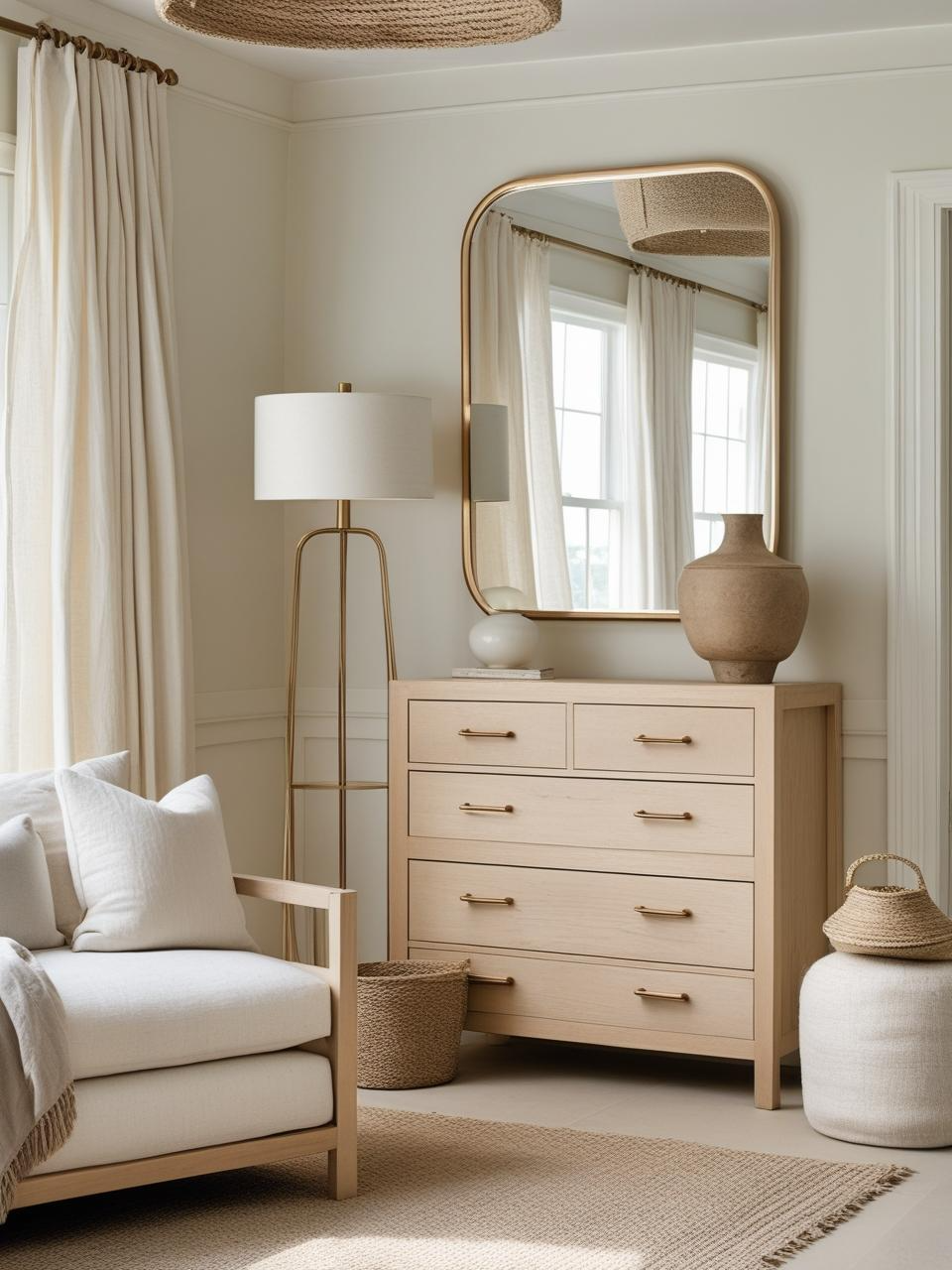 Modern coastal room with minimal warm metal accents like brushed brass and matte gold, blending naturally into a soft, neutral space.