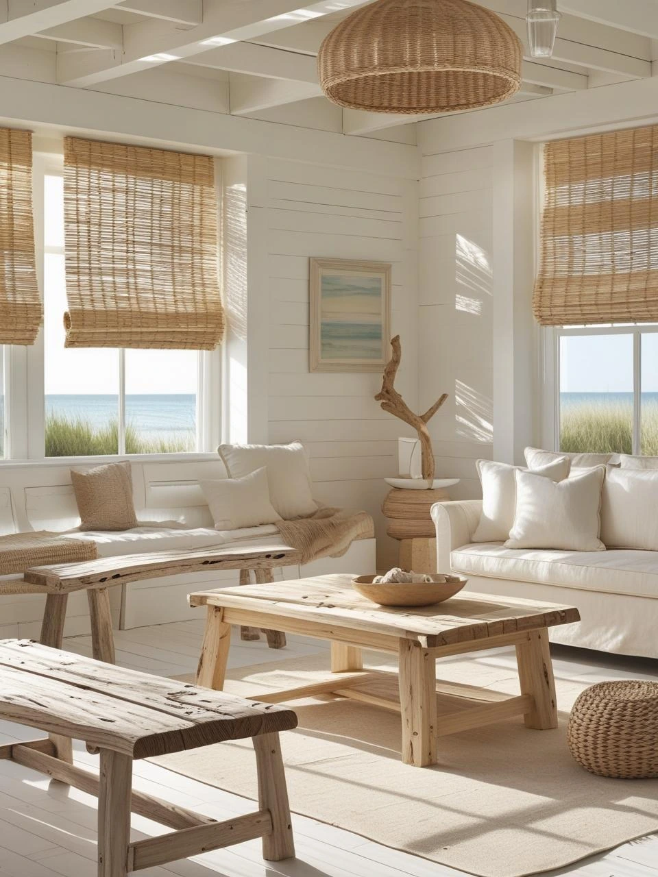 Modern coastal room with driftwood furniture, blonde pine coffee table, and bamboo blinds showcasing raw and weathered wood textures.