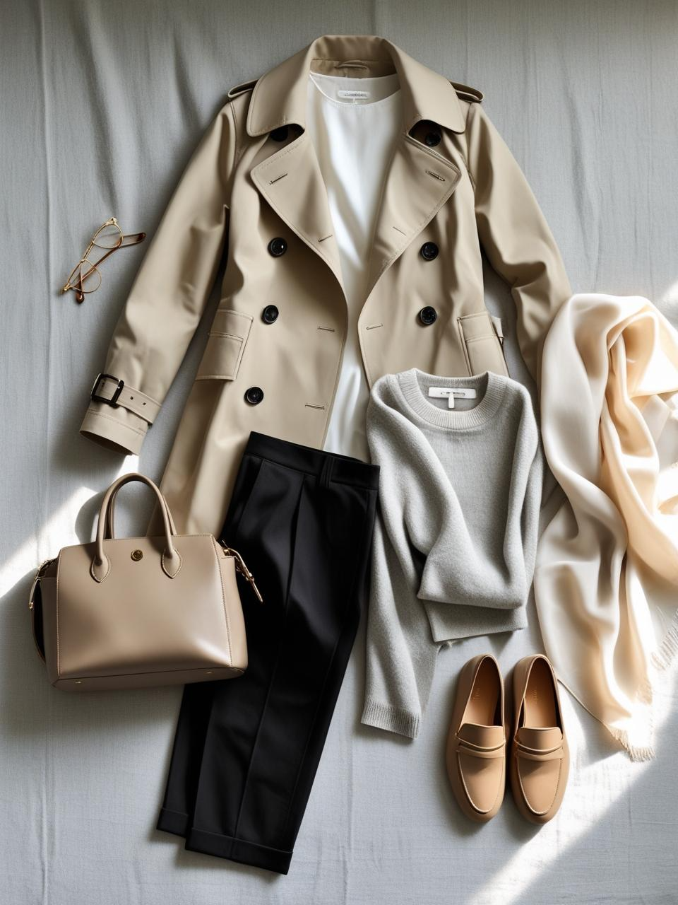 Neutral-toned capsule wardrobe with beige, white, gray, and black pieces styled to show effortless chic ideas for looking put-together.