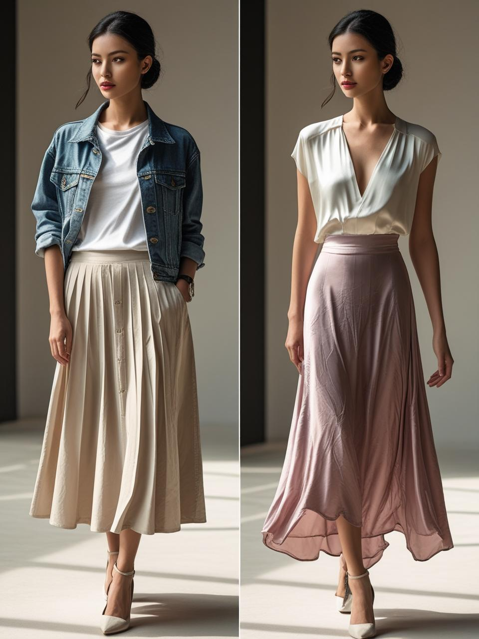 One blazer styled two ways—casual and dressy—highlighting effortless chic ideas through creative outfit repetition.