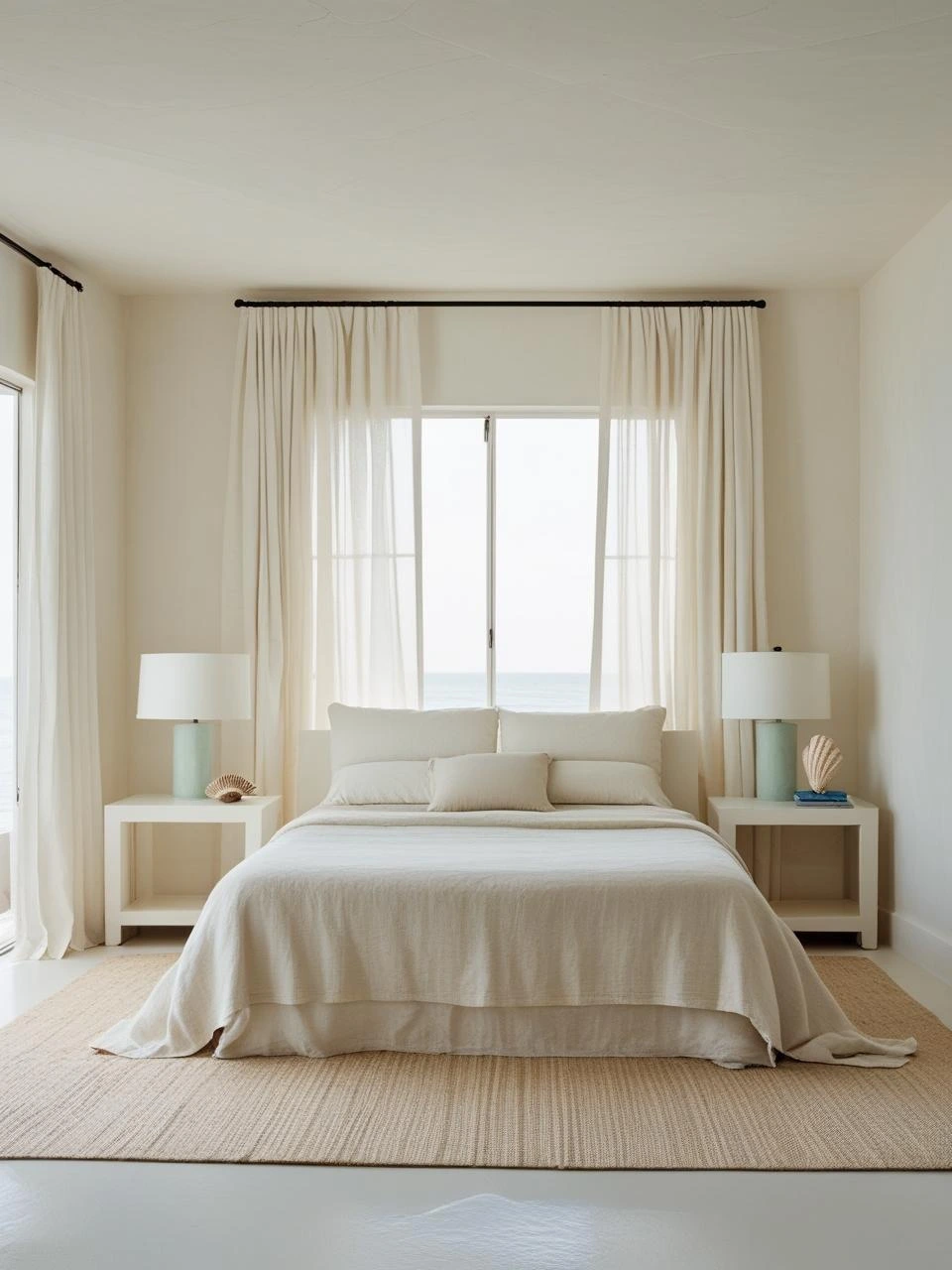 Open and uncluttered coastal bedroom with visible floor space, minimal decor, and natural light creating a calm and breathable design.

