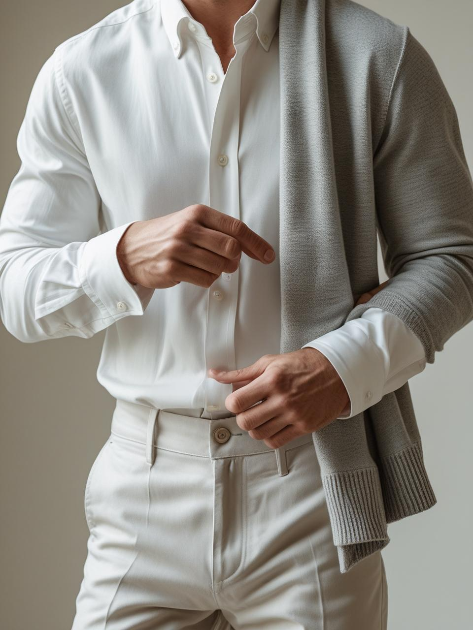 Person styling outfit by tucking shirt and layering sweater, showing how small choices reflect effortless chic ideas in everyday dressing.