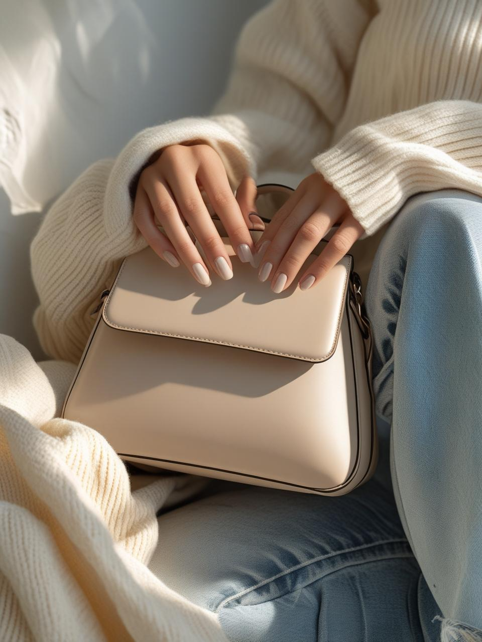 Polished hairstyle and structured bag paired with casual outfit, showing effortless chic ideas through one sharp, intentional detail.