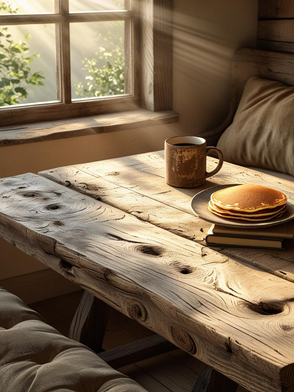 Rustic farmhouse breakfast nook with a weathered wood table, soft light, and lived-in textures for a cozy morning setting.