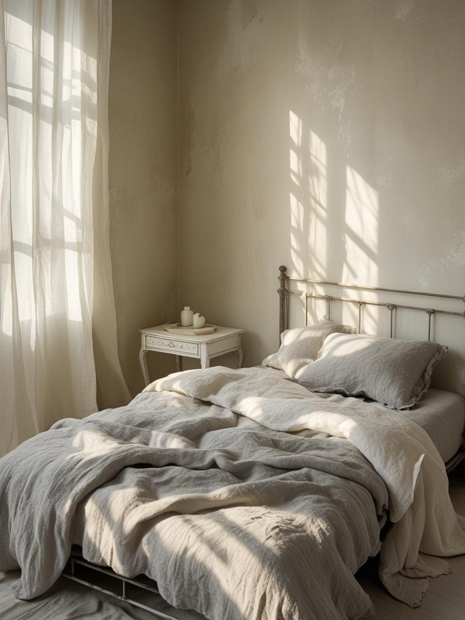 Soft and minimal French-Girl Inspired Bedroom with cream walls, light linen bedding, and airy open space around a simple vintage bed.