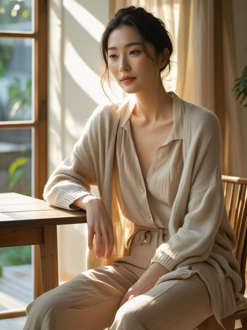 Woman in relaxed, neat outfit with calm expression, showing how effortless chic ideas come from quiet care, not hard styling.