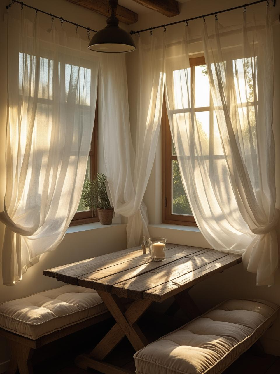 Farmhouse breakfast nook bathed in natural light with soft curtains and a gentle glow, creating a calm and cozy morning space.