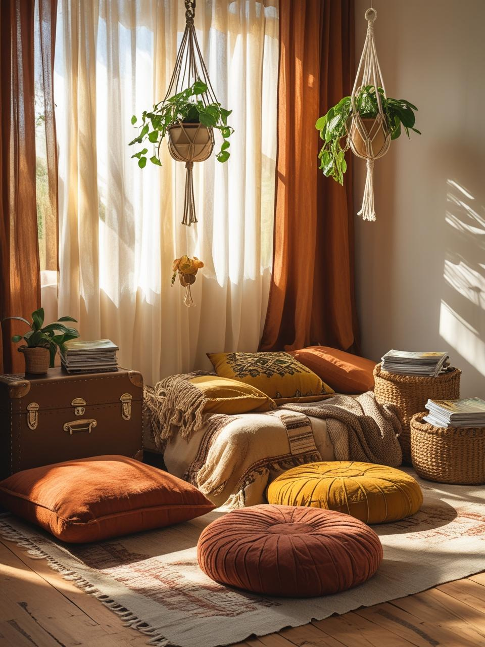 A cozy Boho bedroom with hanging plants, floor pillows, vintage suitcases, and woven baskets arranged in a warm and intentional design.

