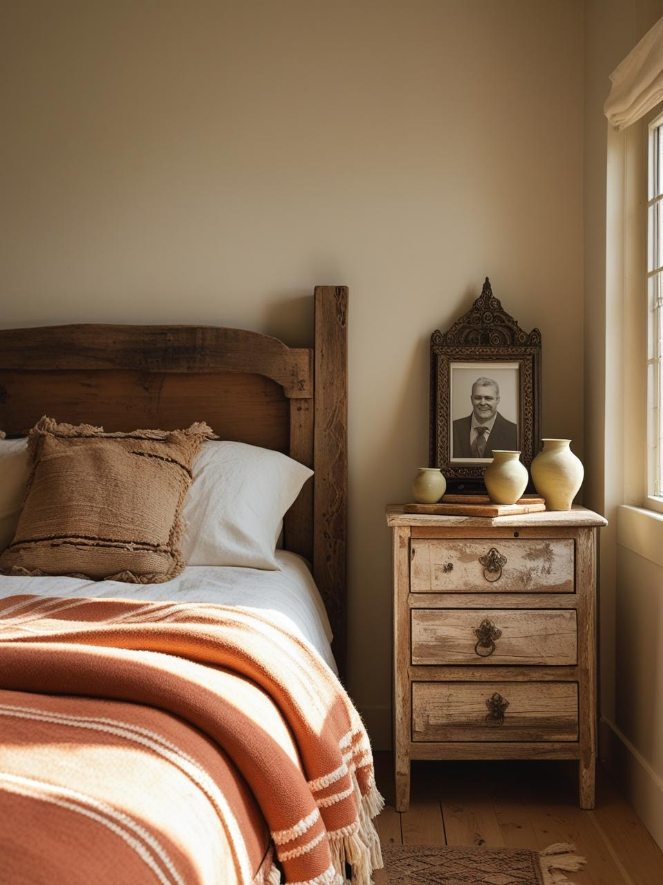 A character-rich Boho bedroom featuring a Moroccan blanket, vintage photo frame, and hand-thrown pottery in a relaxed, story-filled setting.