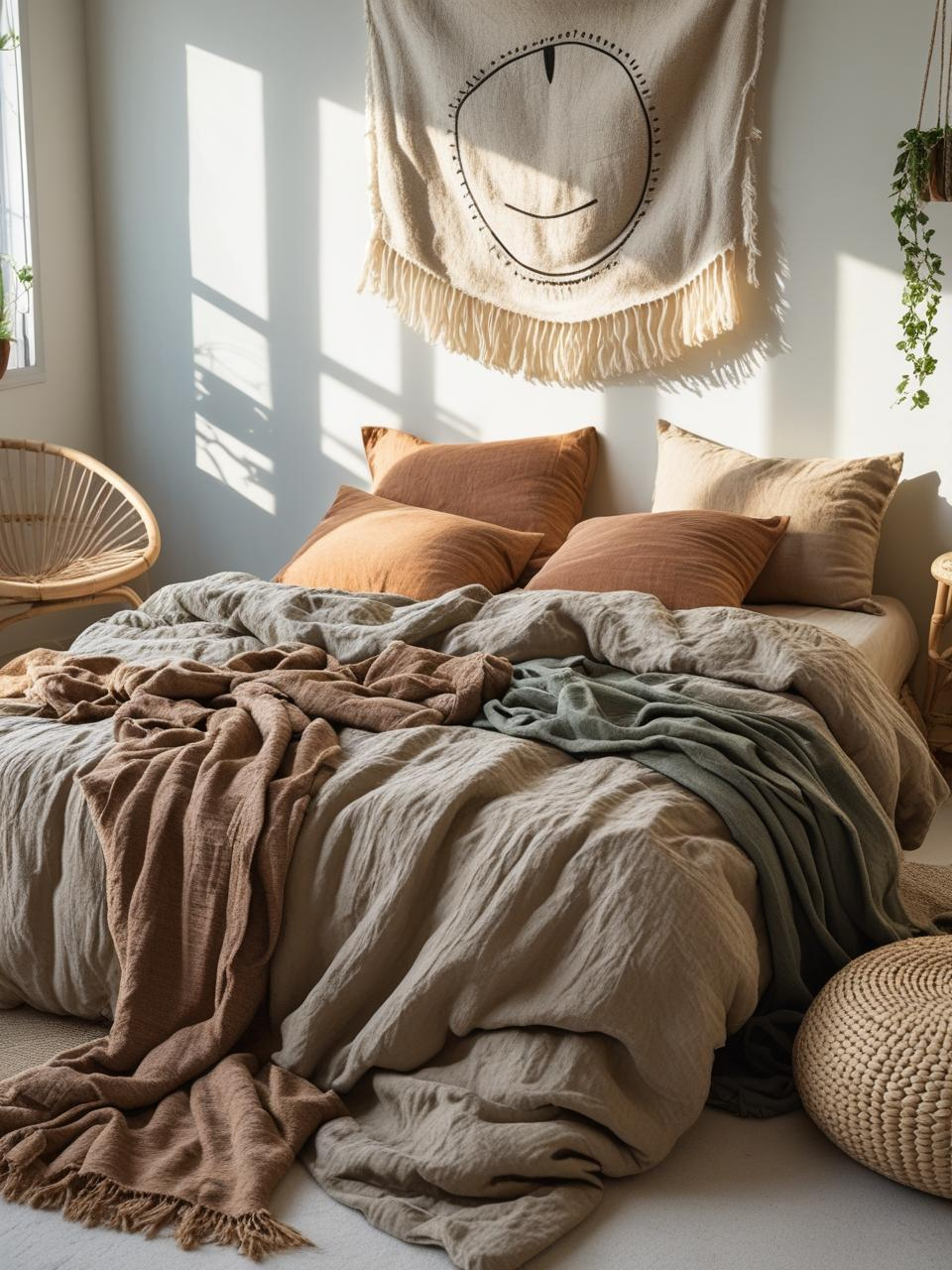 A clean, relaxed Boho bedroom with soft, crinkled bedding and casual decor that feels lived-in and inviting.

