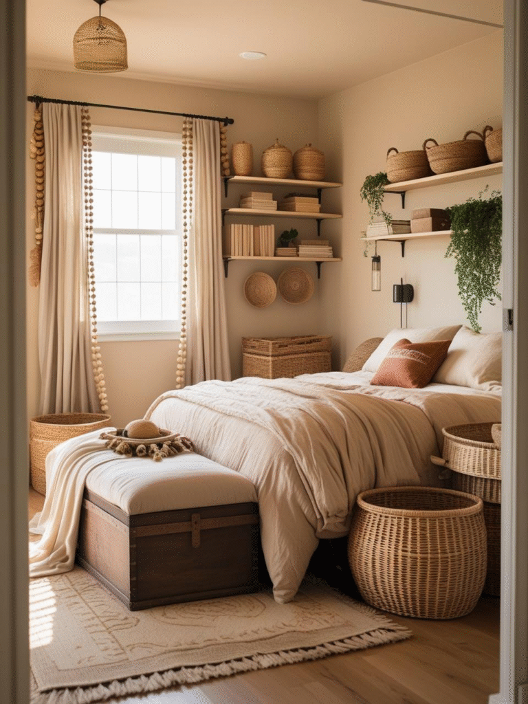 A well-organized Boho bedroom with hidden storage in a bench, vintage trunk, baskets, and shelves, combining beauty with function.

