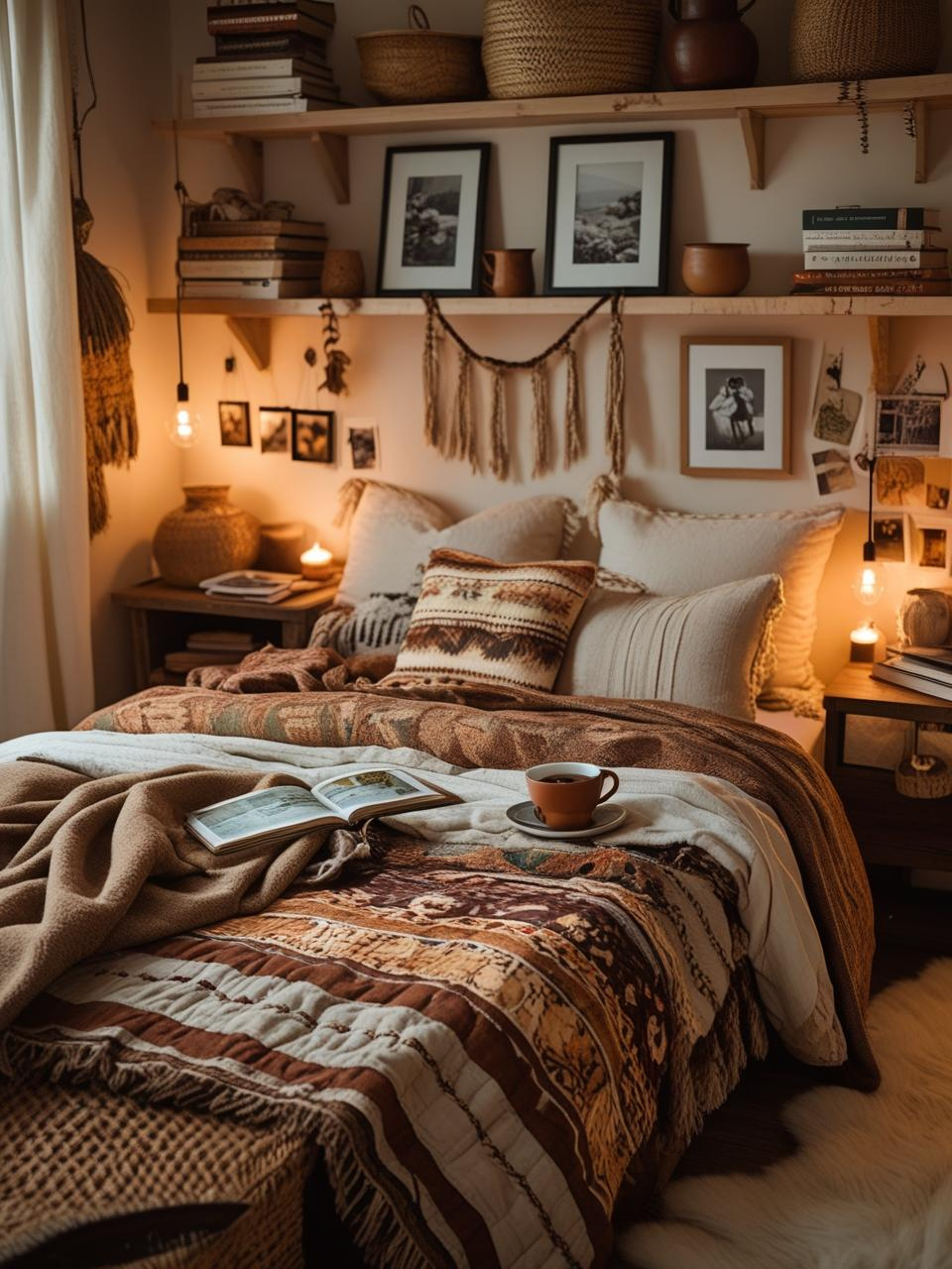 A personal and cozy Boho bedroom filled with meaningful decor, soft lighting, and a warm, lived-in design focused on comfort and connection.


