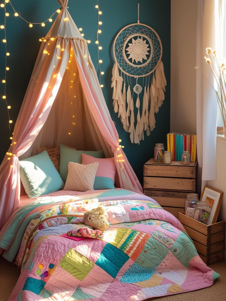 A playful Boho kids' bedroom with a cozy tent, colorful quilt, dreamcatcher, twinkle lights, and crate storage designed for creativity and comfort.

