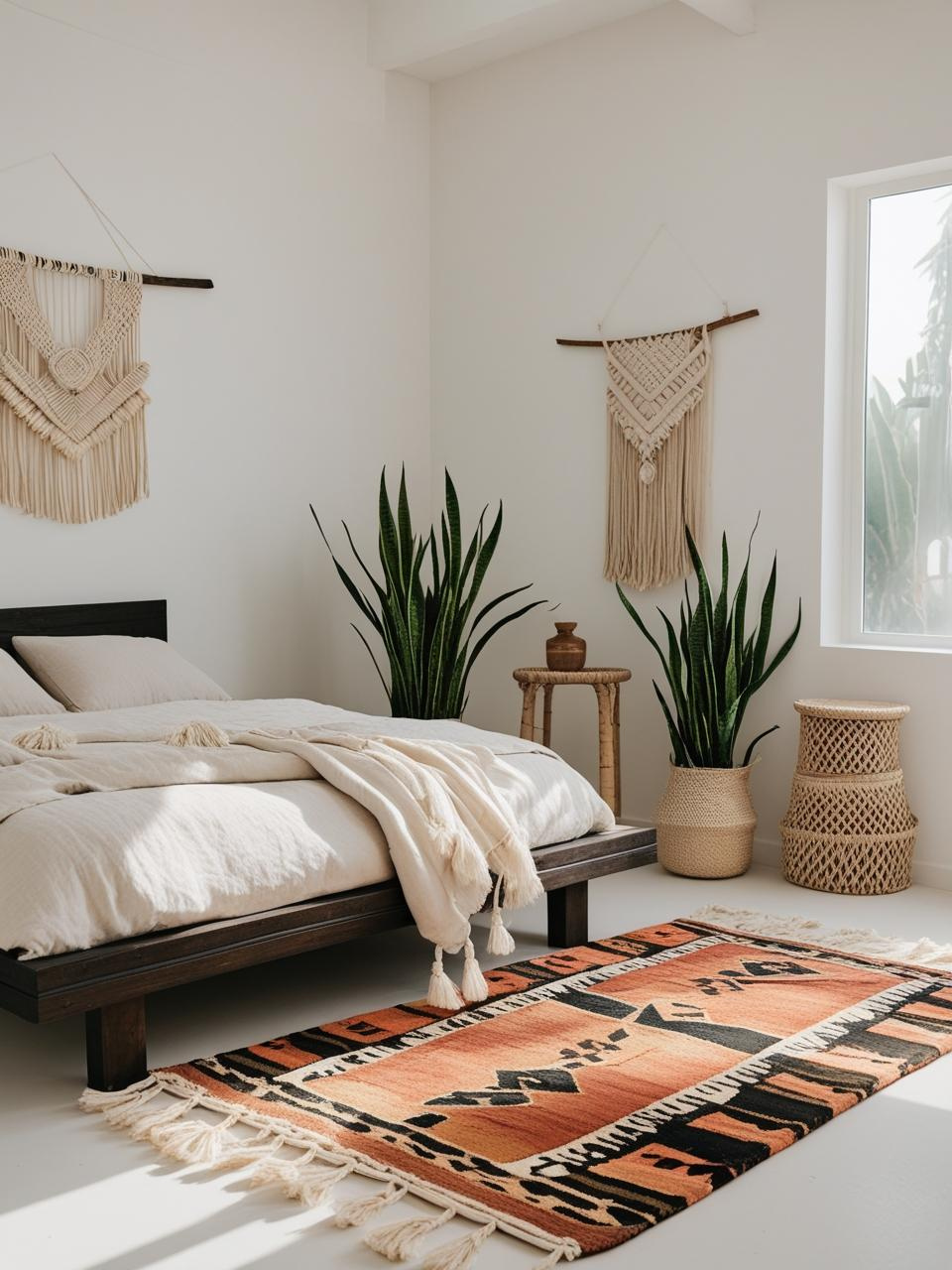 A clean and airy minimal Boho bedroom with neutral bedding, one colorful rug, simple decor, and intentional styling.

