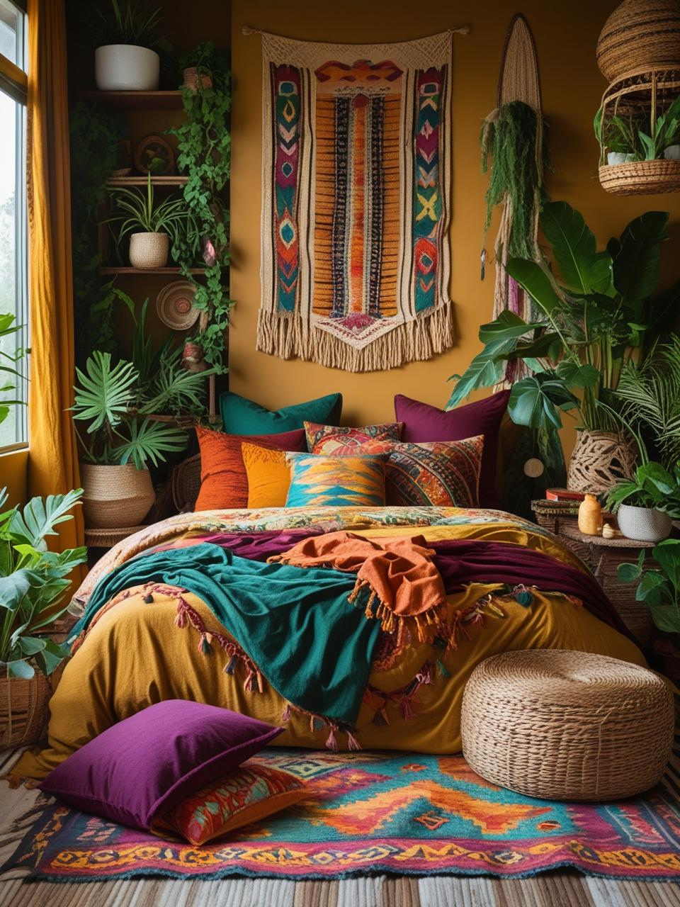 A colorful Boho bedroom with jewel tones and earthy hues, featuring layered textiles and natural decor for a cozy, artistic vibe.