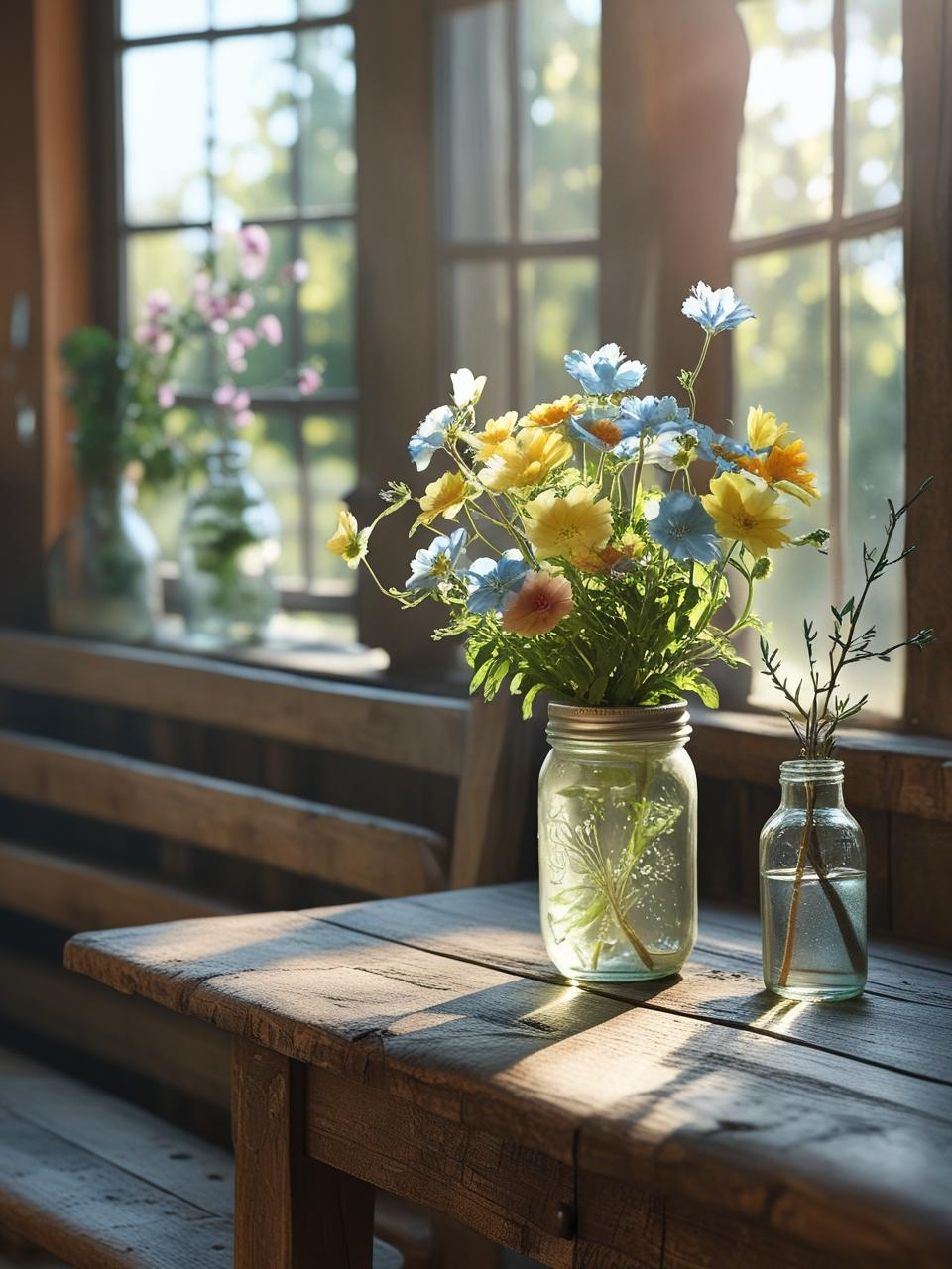 Farmhouse breakfast nook with a small jar of wildflowers or potted herb, adding a soft, living presence to the cozy space.