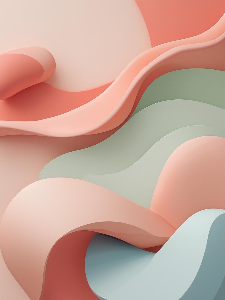 Abstract spring wallpaper with modern shapes in coral, peach, pink, and soft blue tones, offering a clean seasonal aesthetic.