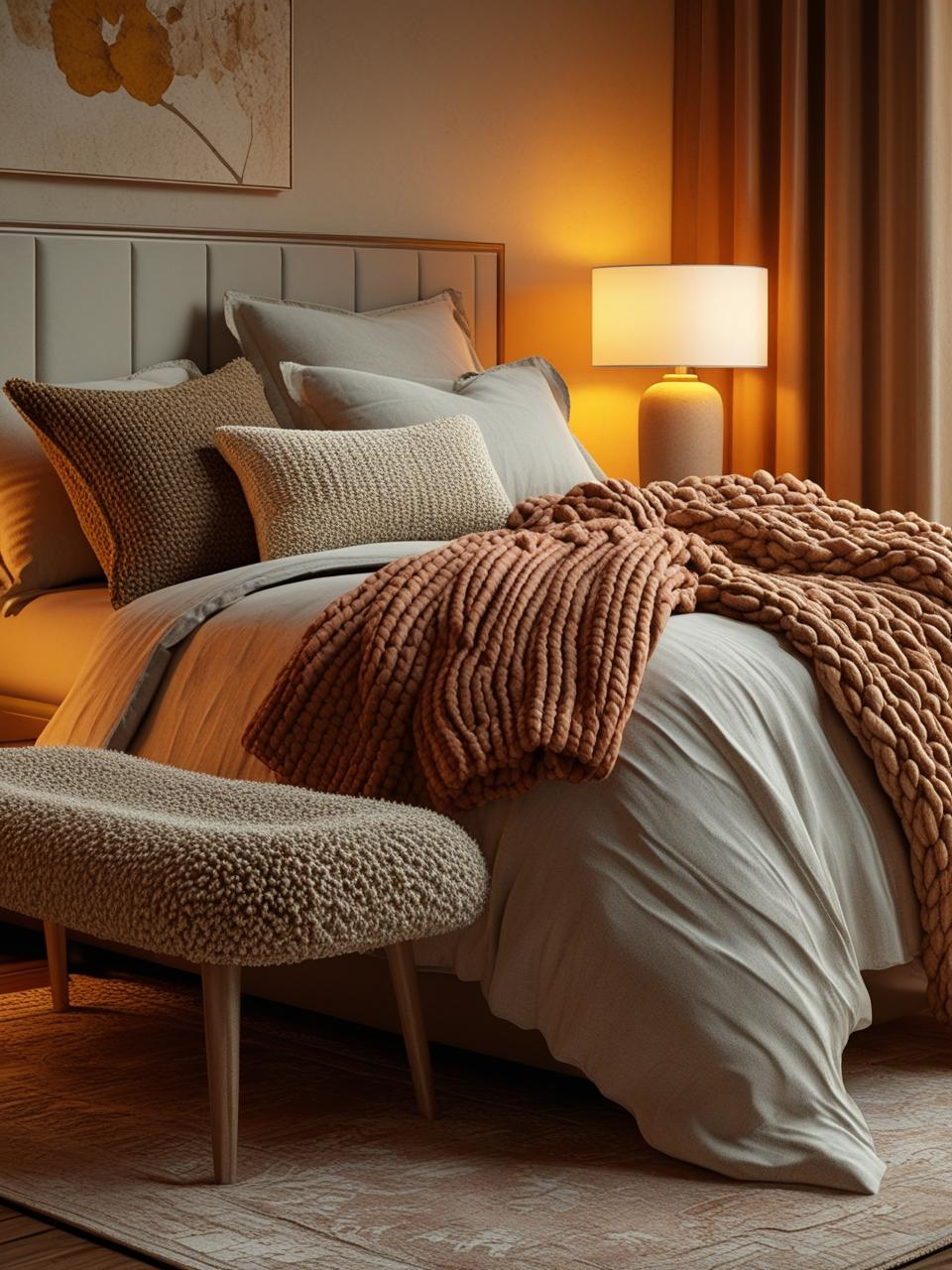 Autumn bedroom decor ideas with chunky knit throw, linen duvet, wool pillows, and textured bench for cozy layered style.