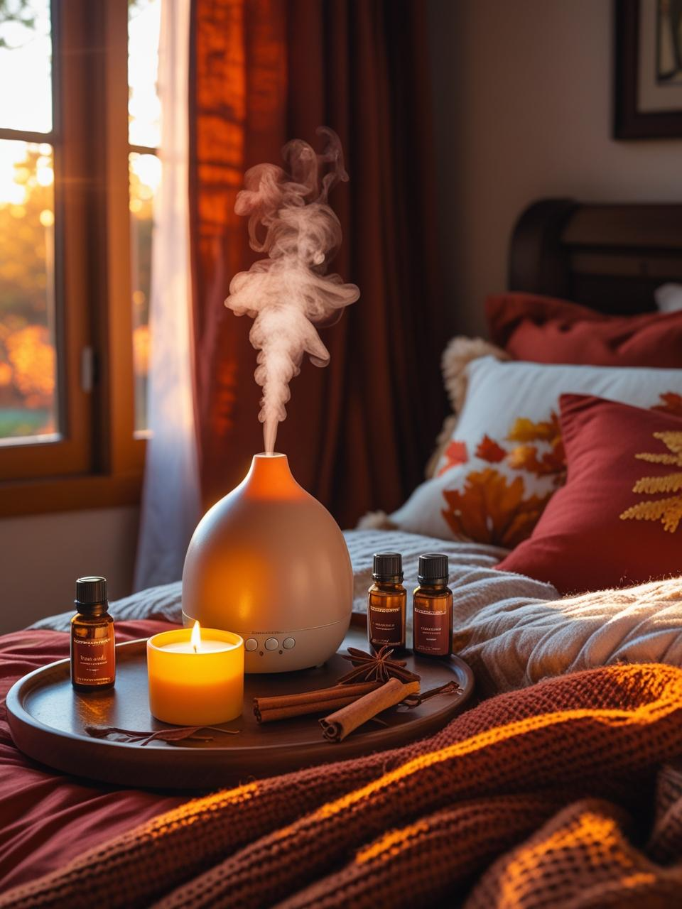 Autumn bedroom decor ideas with diffuser and safe seasonal scents like cinnamon, cedar, and vanilla for cozy evenings