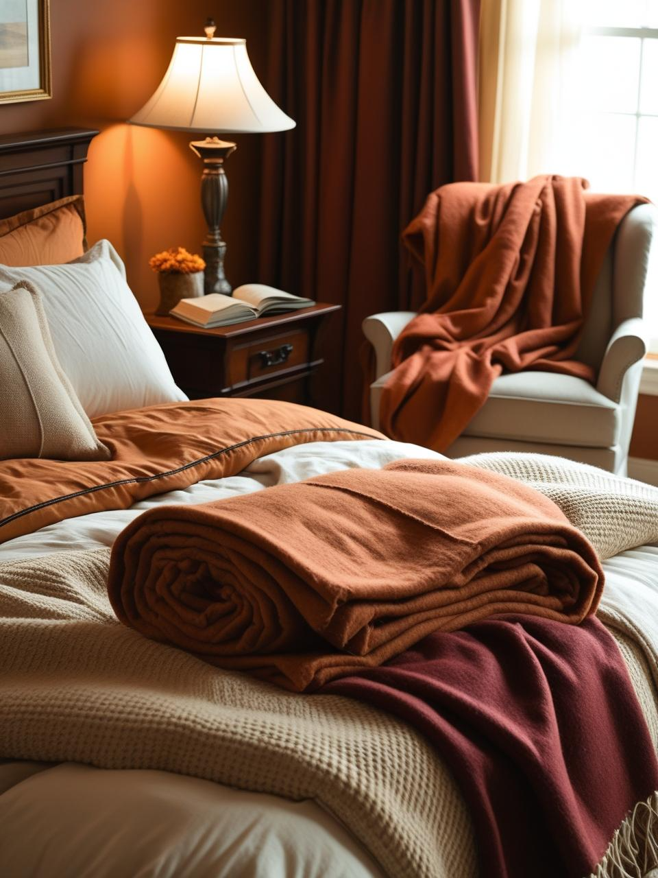 Autumn bedroom decor ideas with throw blankets folded on the bed and draped on a reading chair for cozy, practical style.
