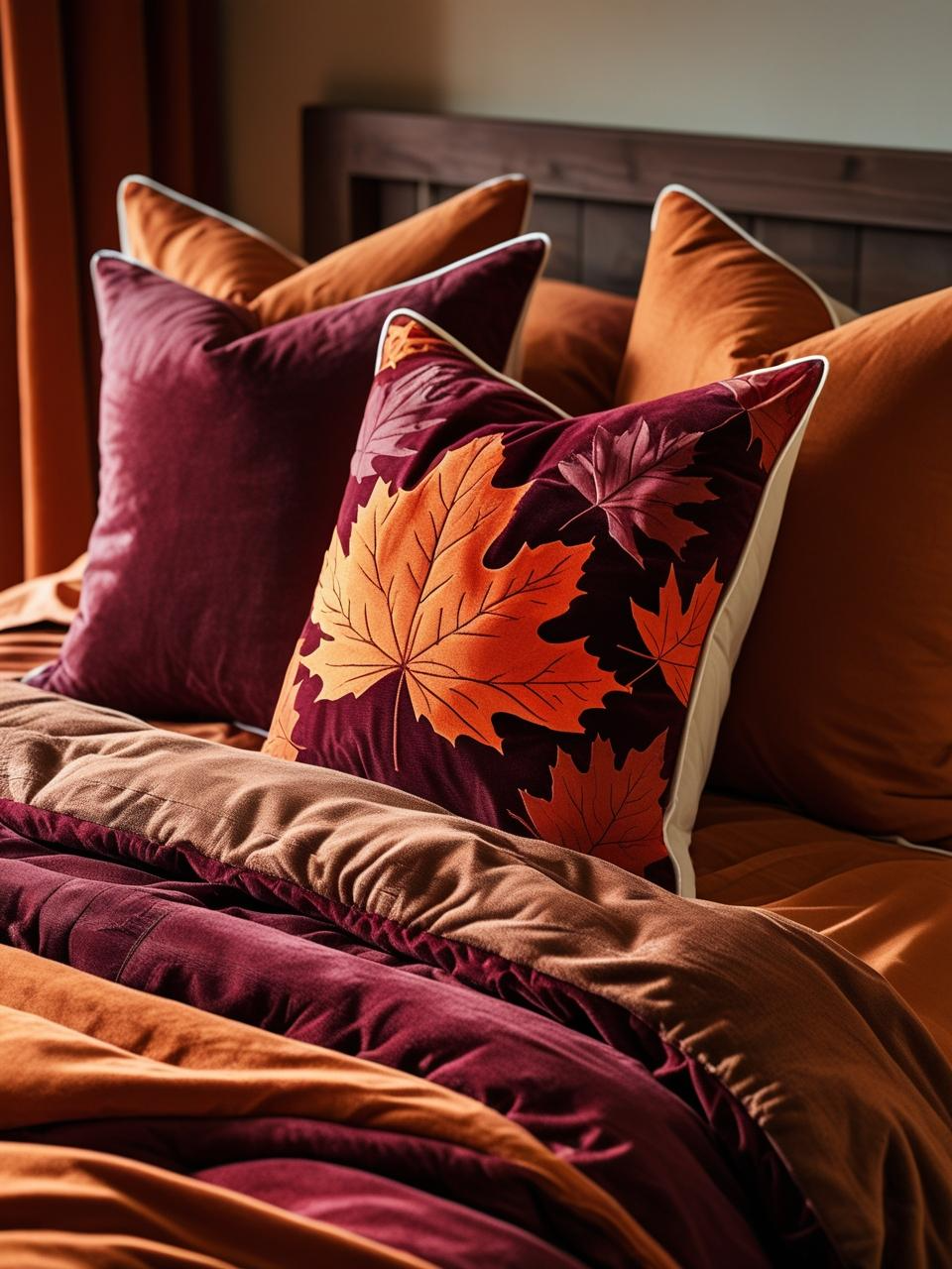 Autumn bedroom decor with patterned and solid pillows arranged for both support and style