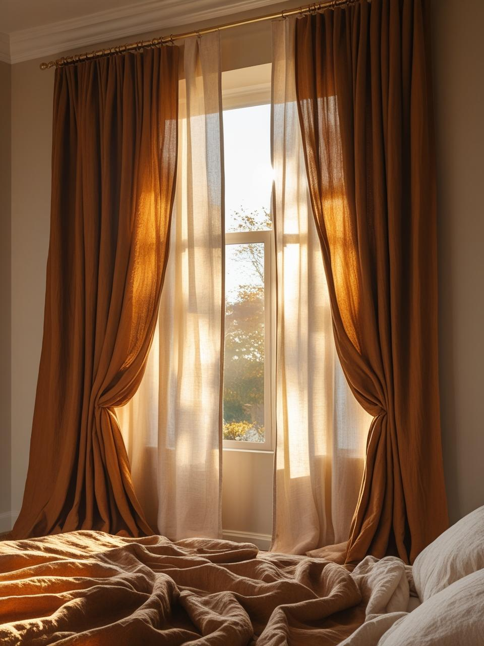 Autumn bedroom with linen blend curtains for warmth, privacy, and quiet comfort.