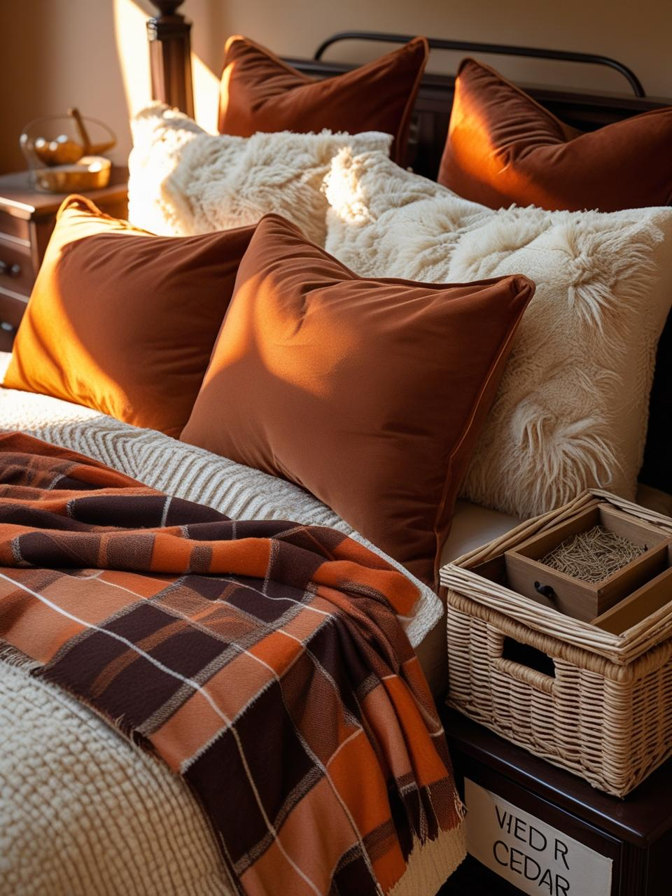 Autumn bedroom with quick seasonal swaps like pillows and throws.