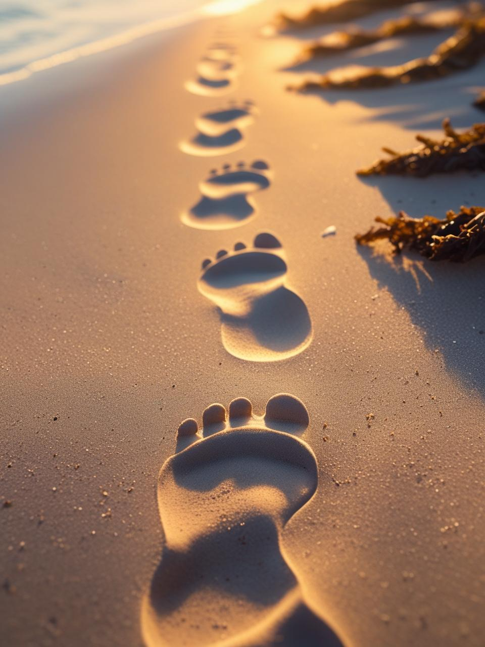 Barefoot footprints in warm sunlit sand, evoking simplicity and nostalgia in summer phone wallpapers.