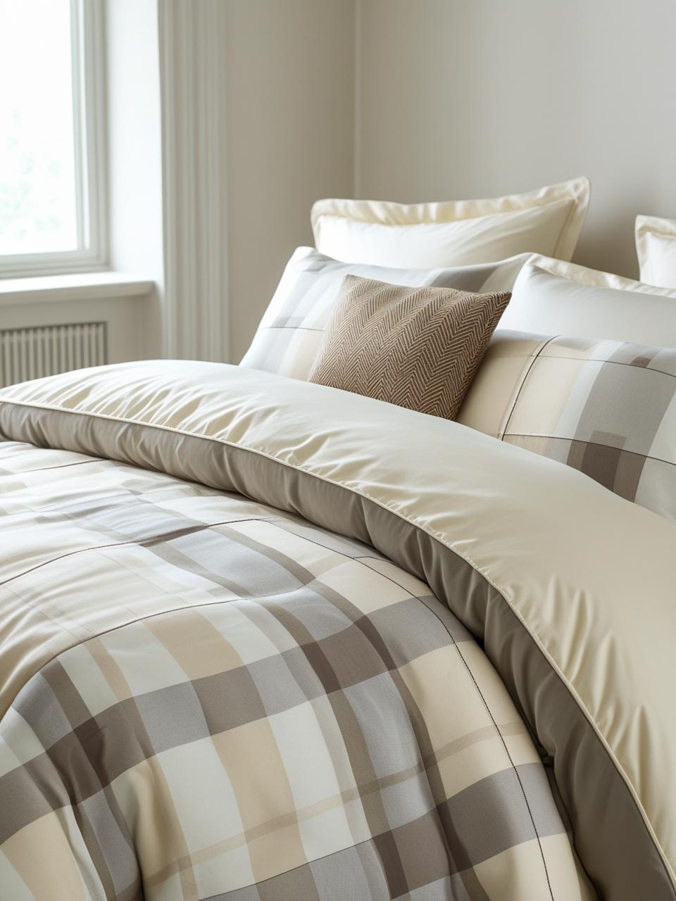Bedroom with plaid duvet and herringbone pillow showing calm and balanced pattern mix.