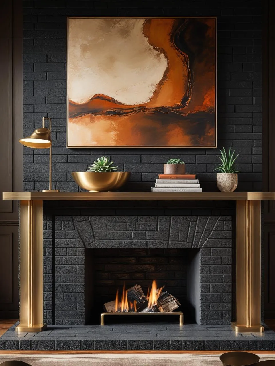 Black brick fireplace mantel styled with simple decor, warm metals, and soft lighting for a cozy, modern look.