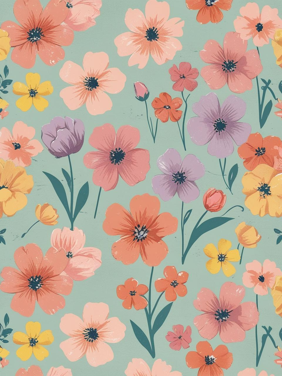 Bold patterned floral spring wallpaper with tiny repeating flowers in vibrant and pastel colors.