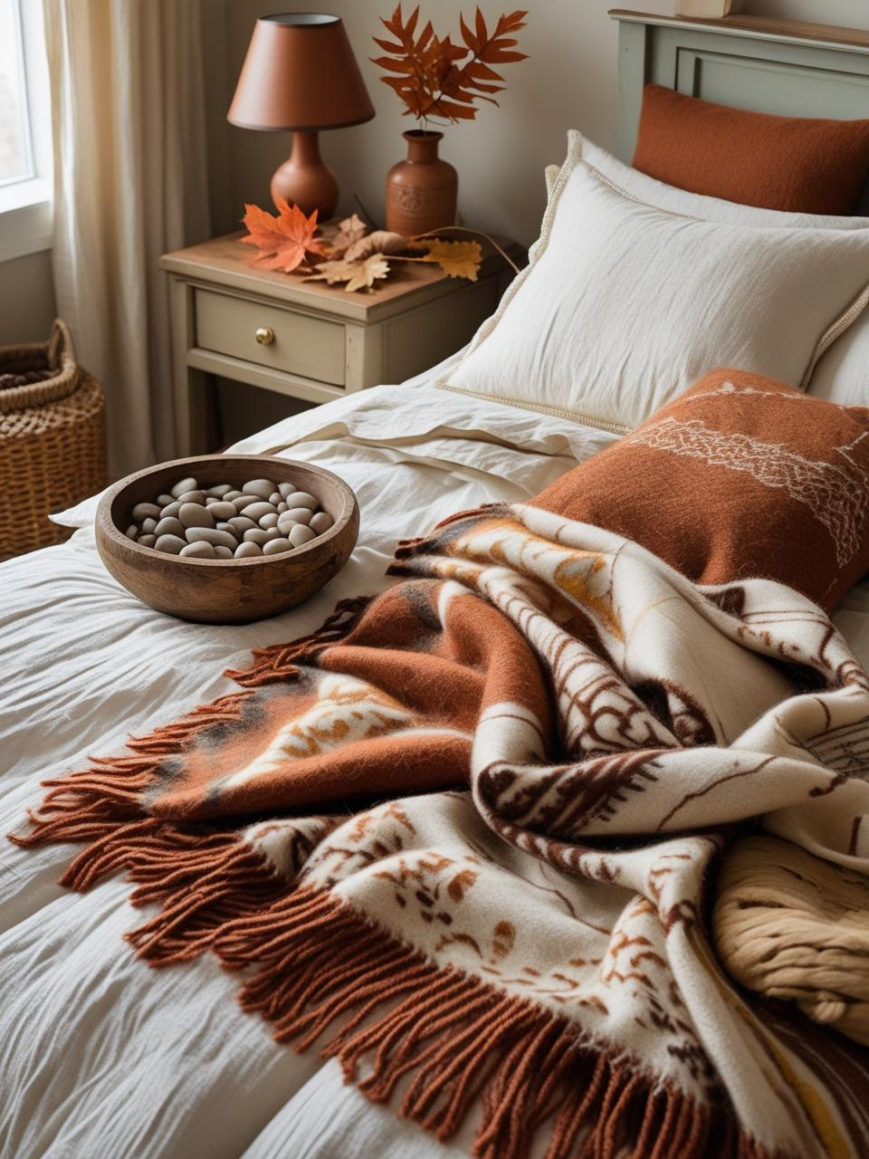 Budget-friendly fall bedroom updates with wood bowl catchall, scarf throw, thrifted blankets, and spray-painted lamp.