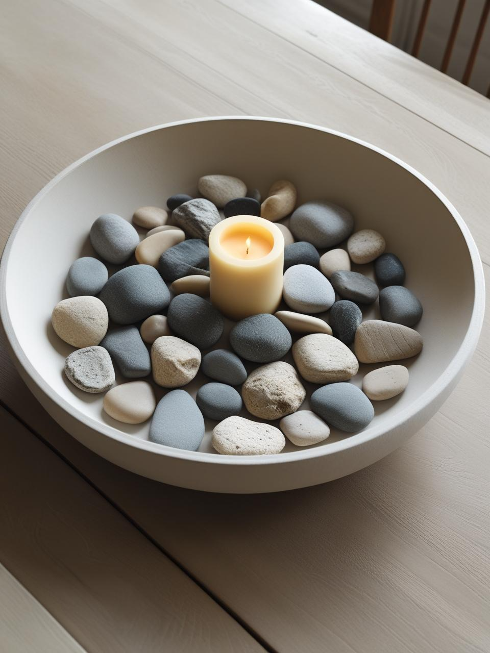 Ceramic dish with river stones and a single candle centerpiece on a dining room table – Dining Room Table Centerpiece Ideas.